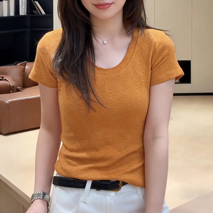 莱赛尔天丝圆领正肩短袖上衣女款爆款2026新款时尚洋气时髦t恤女