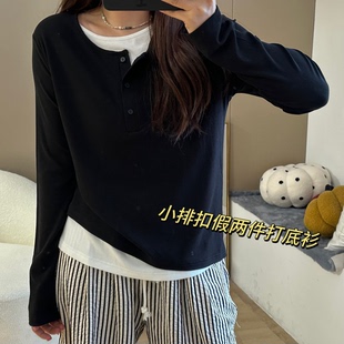 大码女装胖妹妹mm假两件上衣拼接长袖t恤春秋宽松显瘦百搭打底衫