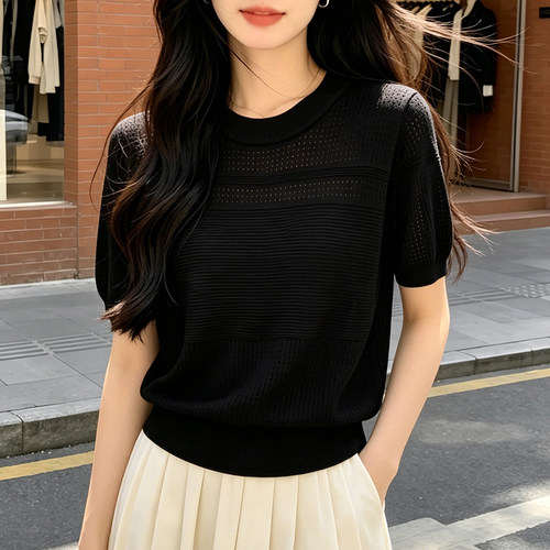 夏季新款莱赛尔镂空针织短袖上衣