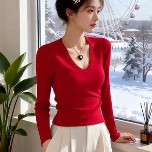 新年红色毛衣女秋冬长袖针织衫女修身内搭羊毛打底衫气质U领上衣