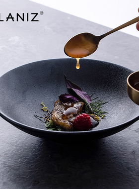 Alaniz Nanz Groot霜沙拉碗黑色覆古竹帽碗日本餐具陶瓷面条碗家
