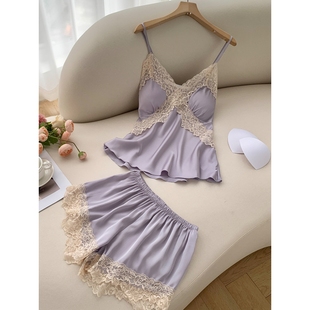 罗丽丝性感吊带睡衣女夏季2025新款蕾丝背心短裤两件套带胸垫夏天