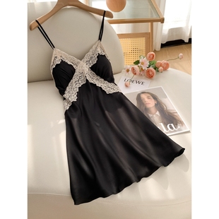 罗丽丝性感蕾丝睡衣女夏季2025年新款吊带睡裙冰丝带胸垫纯欲风情