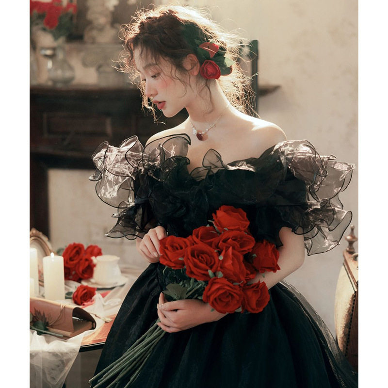 黑色晚礼服影楼拍照主题摄影结婚订婚婚纱照礼服情侣礼服写真晚装
