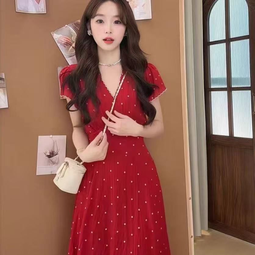 大码法式气质V领波点收腰连衣裙女夏季胖mm梨形身材巨显瘦长裙