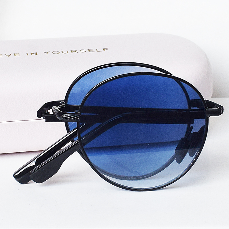 可折叠太阳镜女有度数ins渐进蓝茶色 圆脸大脸显瘦遮阳近视墨镜男