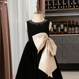 黑色丝绒钢琴演奏女童礼服生日高端轻奢主持人表演走秀日常可穿