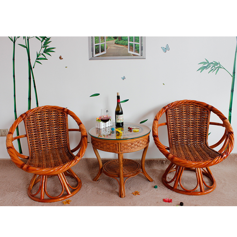 阳台藤椅子天然真藤家用旋转椅三件套组合藤编休闲靠背实木腾桌椅