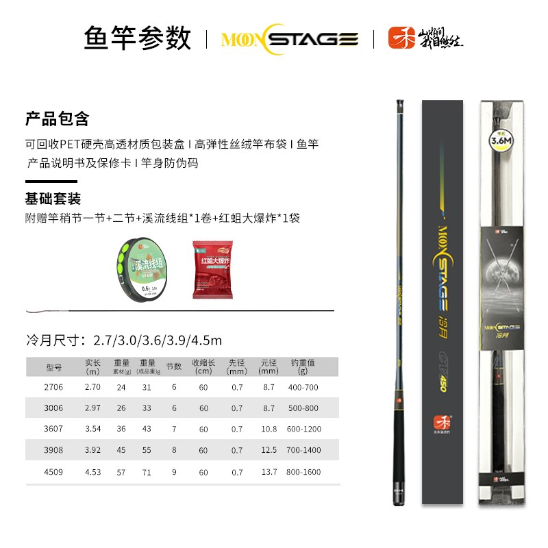 【顺丰】冷月60cm短节溪流竿超轻超硬便携耐磨钓鱼竿碳纤维竿