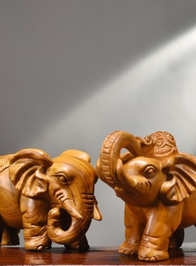 香樟木雕大象摆饰实木一对大号吉祥如意家居客厅电视柜装饰工艺礼