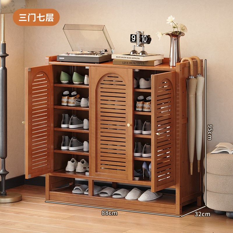 家用门口入户鞋架中古风带门简易多层置物架小窄鞋柜收纳一体靠墙