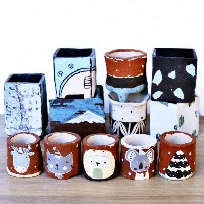 小脆筒一卌设计怀旧黑白版画粗陶控型手工透气景德镇多肉花盆