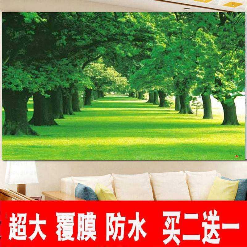 风景画两排绿树客厅无框简约走廊装饰画山水瀑布墙纸贴画高清壁画图片