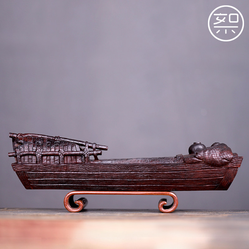 絮旧 渔船摆件 印度小叶紫檀木雕工艺品客厅招财手工雕刻家居饰品