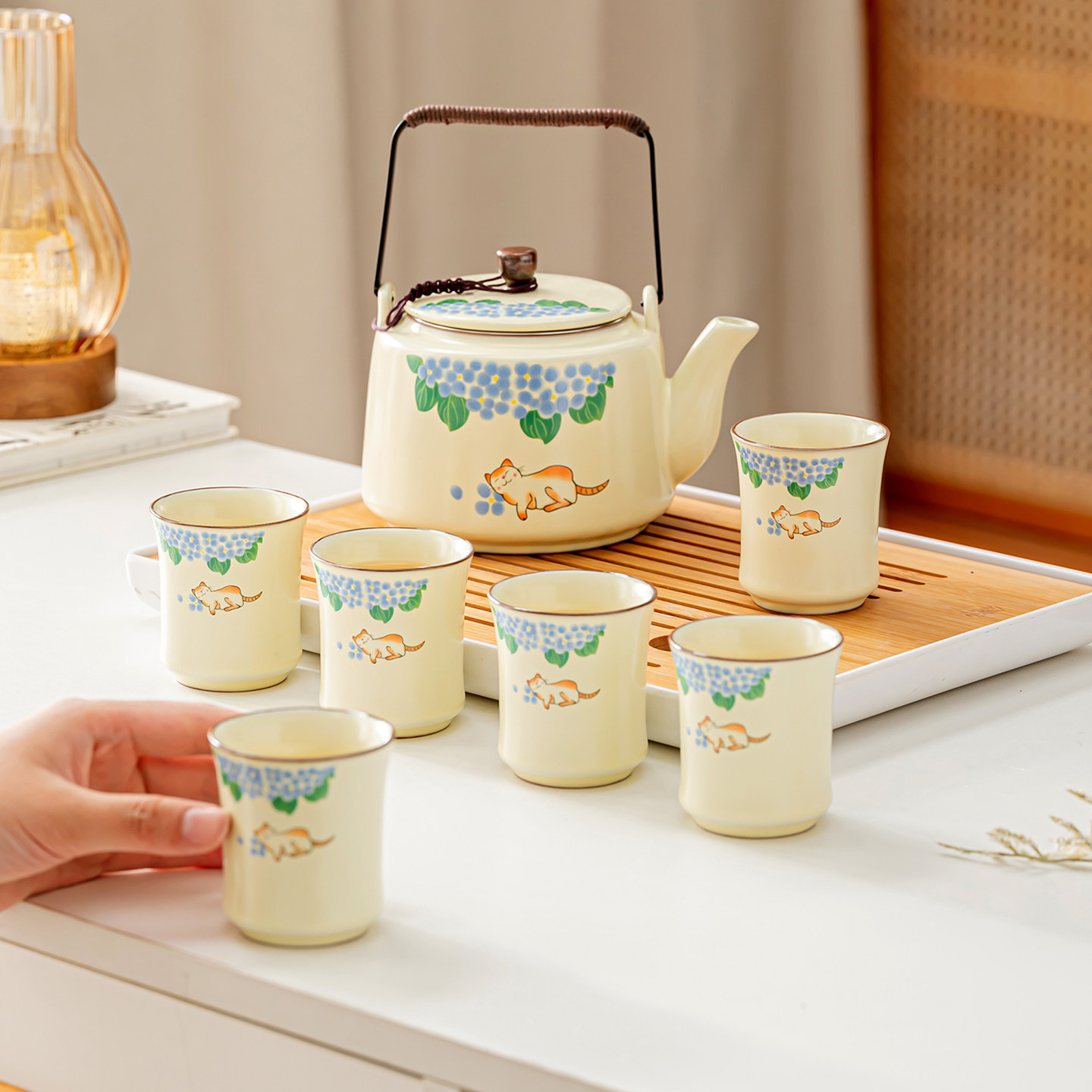 汝窑提梁壶功夫茶具套装陶瓷家用乔迁送礼泡茶壶茶杯整套可爱少女,餐饮具,功夫茶具,淘宝优惠券,粉丝福利购,淘宝优惠卷