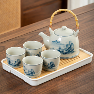 大容量复古釉下彩泡茶壶茶杯一套家用 手绘陶瓷提梁壶功夫茶具套装