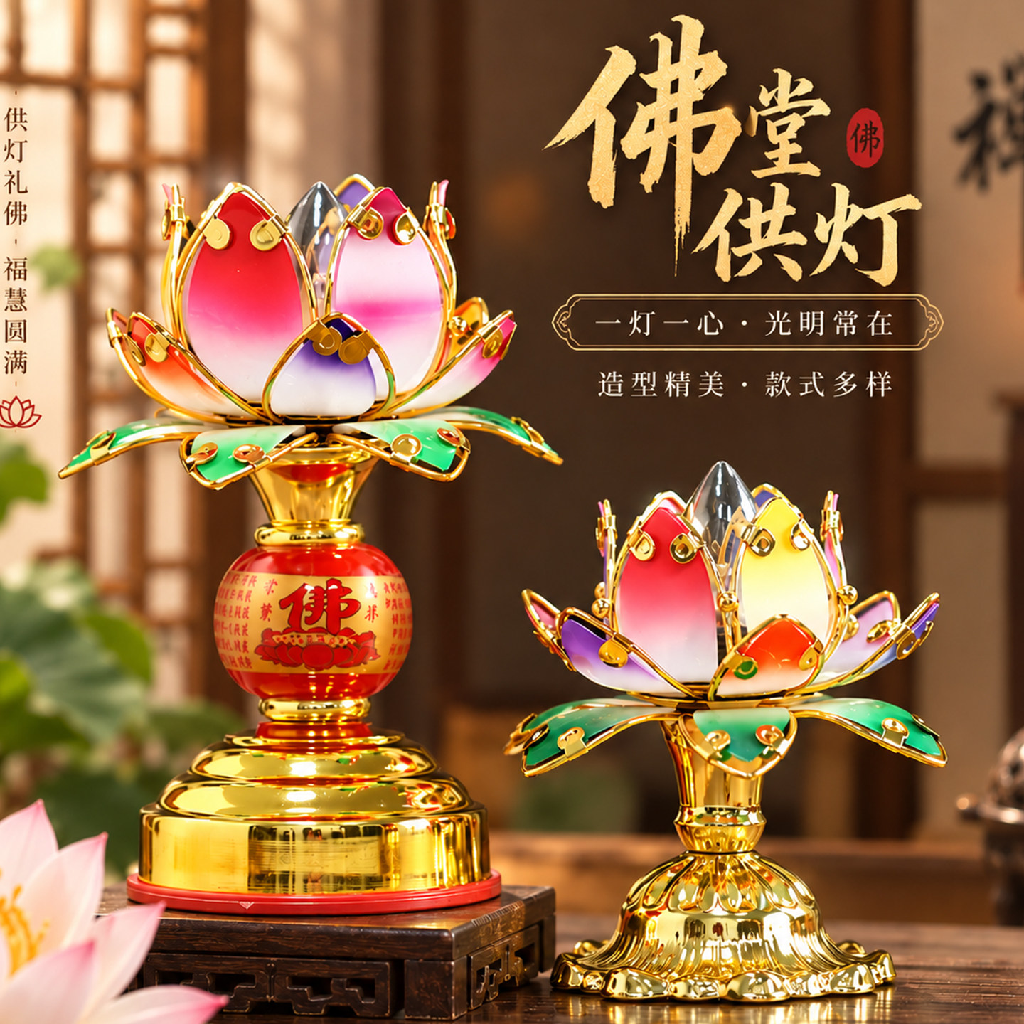 家用莲花灯佛供灯长明灯佛前佛堂供灯观音灯佛灯插电式七彩水晶灯