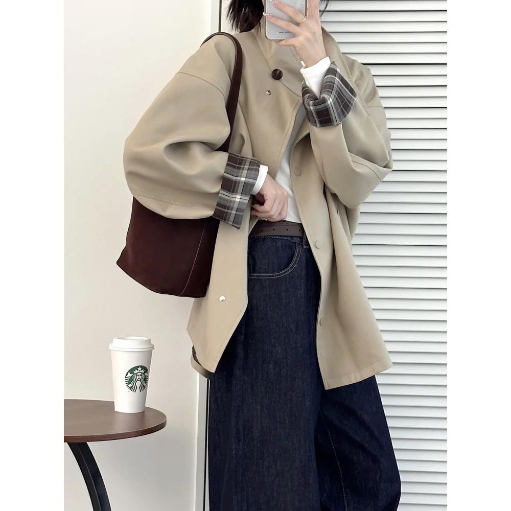 2025秋新款撞色格纹小个子风衣外套女廓形宽松显瘦百搭英伦风大衣