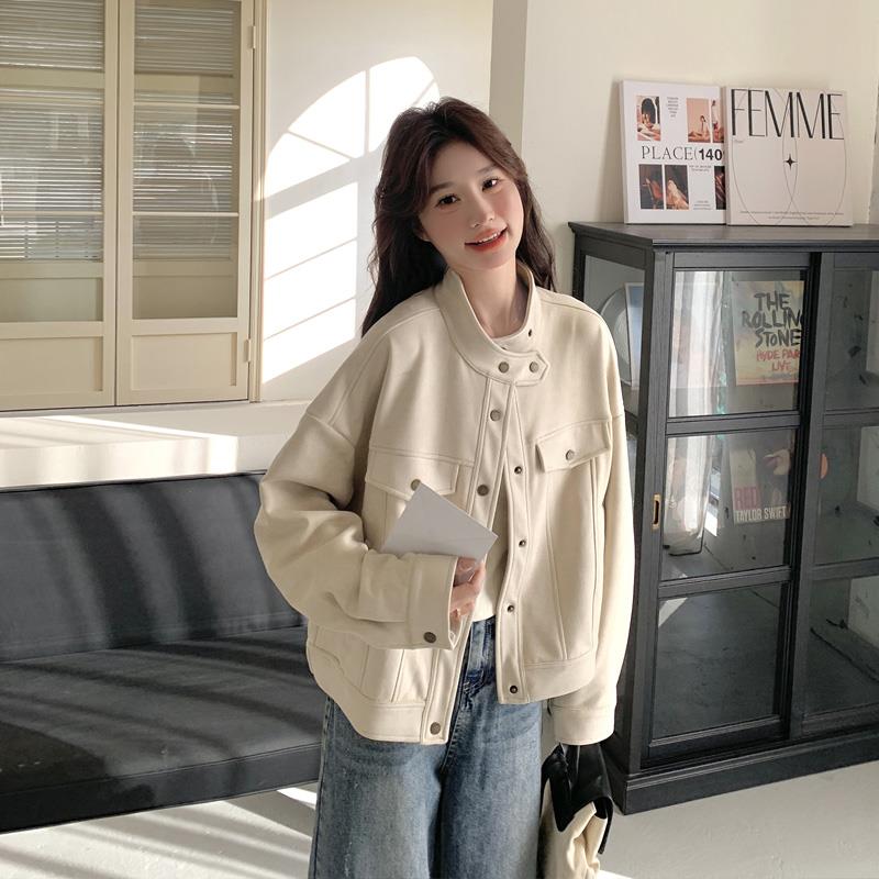 米白色麂皮绒短外套女2025春秋新款韩系高级感小个子立领工装夹克