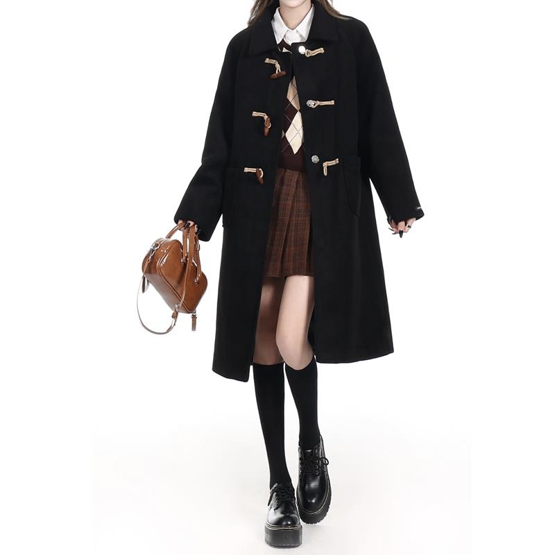 牛角扣黑色呢子大衣女2025春季韩版高级感小个子学院风中长款外套