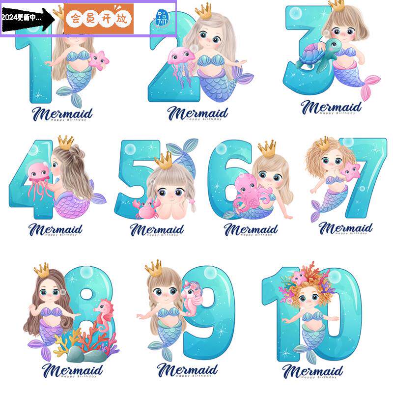 蓝色可爱卡通美人鱼数字宝宝生日宴派对海报请柬kt板设计素材