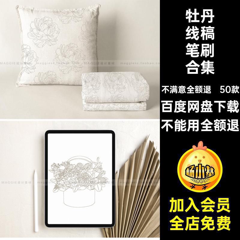 牡丹线稿Procreate笔刷辅助线装饰画笔印花花朵贺卡绘50款国花