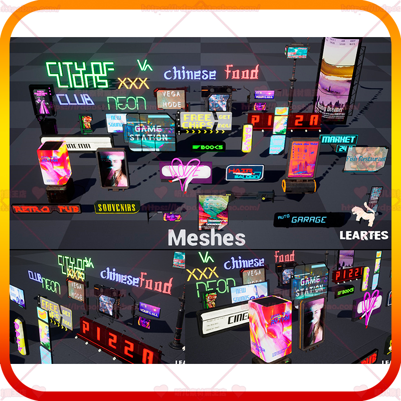 UE4 虚幻5 赛博朋克科幻广告牌霓虹灯标志灯箱屏幕道具场景3D模型