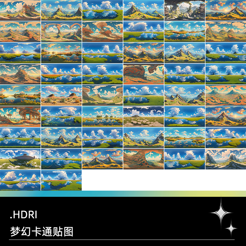 HDR高清360度全景球形动漫卡通手绘风格山峰草地湖泊背景梦幻贴图