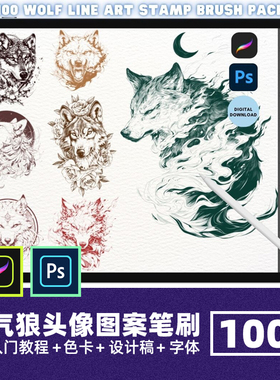 战狼野狼头像图案Procreate笔刷手绘动物纹身刺青辅助线稿PS画笔
