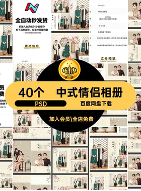 复古工笔画全家福亲子照情侣婚纱相册影楼排版写真PSD模板素材