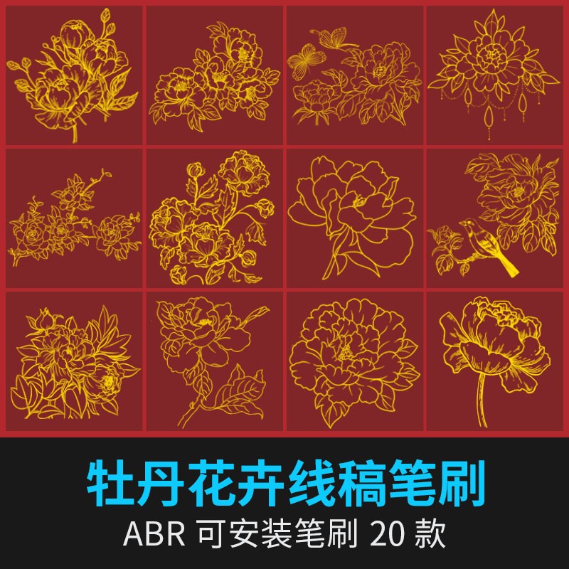 金色传统牡丹花朵花卉线稿图案背景插画procreate笔刷ps笔刷素材