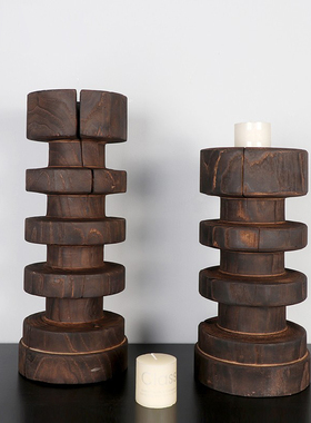 新中式创意侘寂风做旧木烛台摆件样板间酒店餐厅客厅茶几桌面摆设