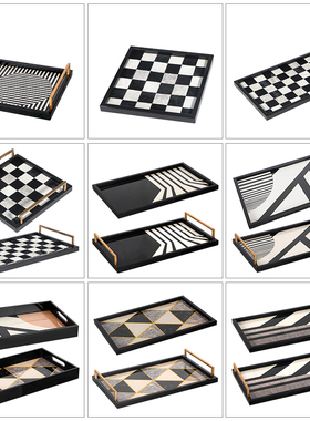 简约现代轻奢木质钢琴烤漆金属托盘摆件样板间酒店餐厅客厅收纳盘