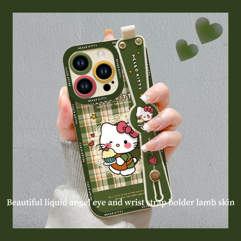 复古凯蒂适用iphone15手机壳苹果14promax腕带支架13/12pro创意11女xs/xr/xsmax全包mini液态硅胶8p/7p保护套