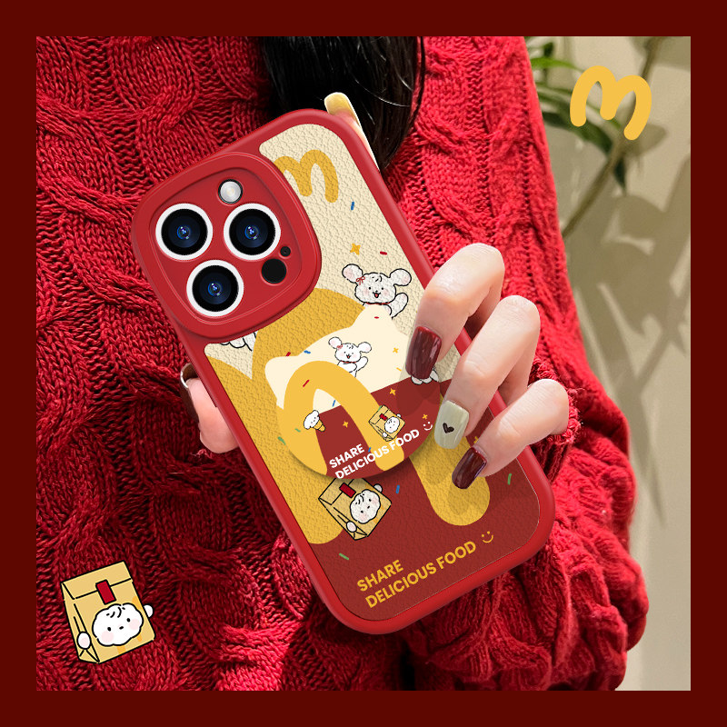 麦当套餐适用苹果16手机壳新款iphone15promax猫咪支架女14plus补妆镜子13mini小羊皮12pro全包7/8plus保护套