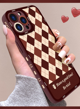 复古红格适用苹果14手机壳iphone13Pro简约17promax防摔11液态硅胶xsmax酒红小米civi创意华为p40软套vivox27