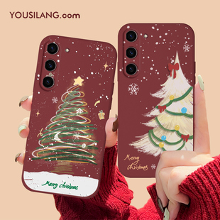 圣诞彩松适用三星s23手机壳s22/21ultra秋冬s20/s10+液态硅胶a72/a70酒红色s21fe新年款note20/10/9女保护套