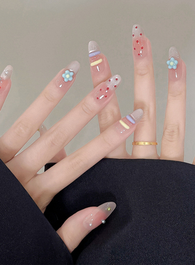 纯手工猫眼穿戴甲中长款可爱波点2025新款高级感少女美甲阿妮童画