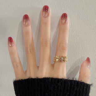 手工穿戴甲短款 高级感新娘酒红绝美猫眼美甲贴片绯色金砂 2025新款