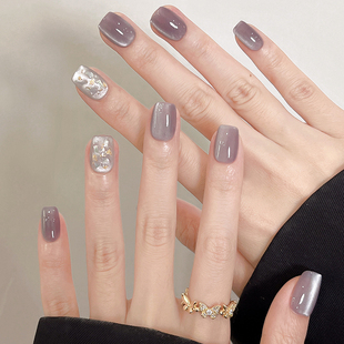 定制纯手工穿戴甲玻璃纸猫眼高质量高级短款美甲精致显白紫沙叠纪