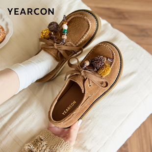 意尔康女鞋2026新款春季真皮小皮鞋女乐福鞋厚底软底休闲鞋潮单鞋