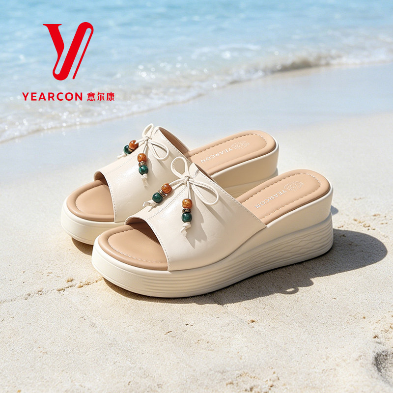 意尔康厚底一字拖女2026新款夏季外穿软底轻便露趾软底牛皮凉拖鞋