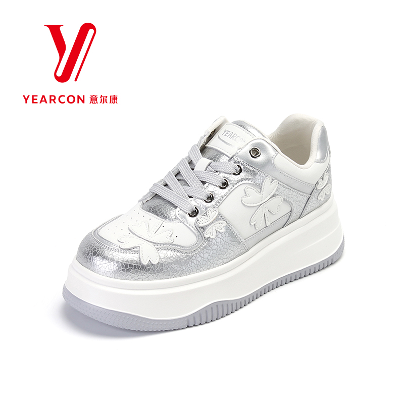 意尔康女鞋2025新款春季拼色小白鞋女厚底休闲板鞋时尚面包鞋百搭