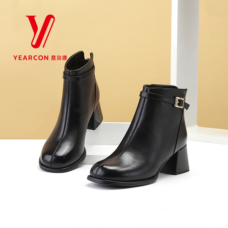 意尔康女靴2024新款冬季真皮短靴女加绒靴子时装粗跟高跟短筒棉靴