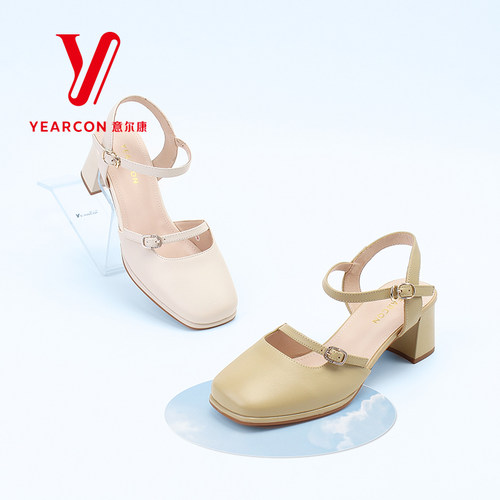 意尔康包头凉鞋女夏季2024新款真皮一字带高跟鞋女款粗跟时装外穿