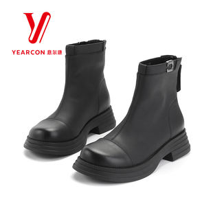 意尔康女靴2025新款秋季短靴女中跟单靴子粗跟切尔西靴时装瘦瘦靴