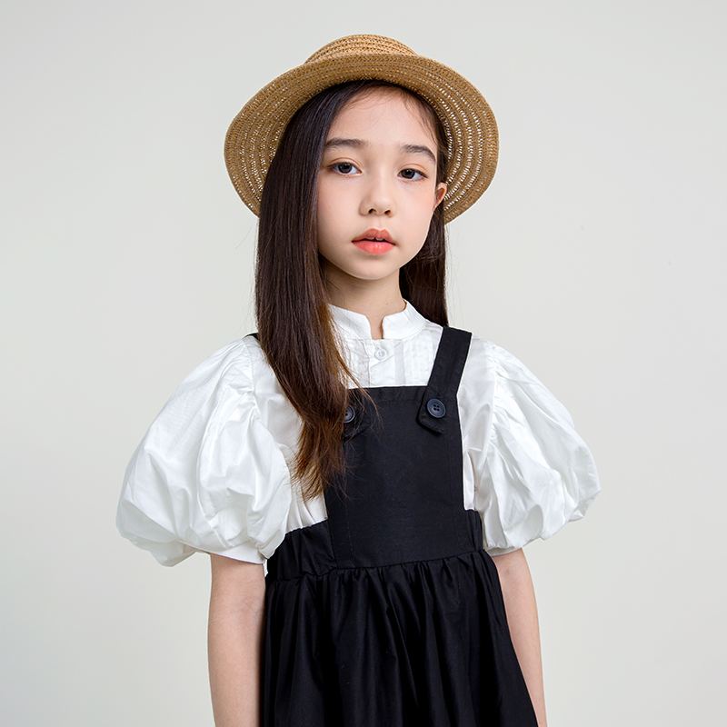 女童衬衫夏季新款复古泡泡袖衬衣儿童白色短袖衫上衣洋气套装亲子