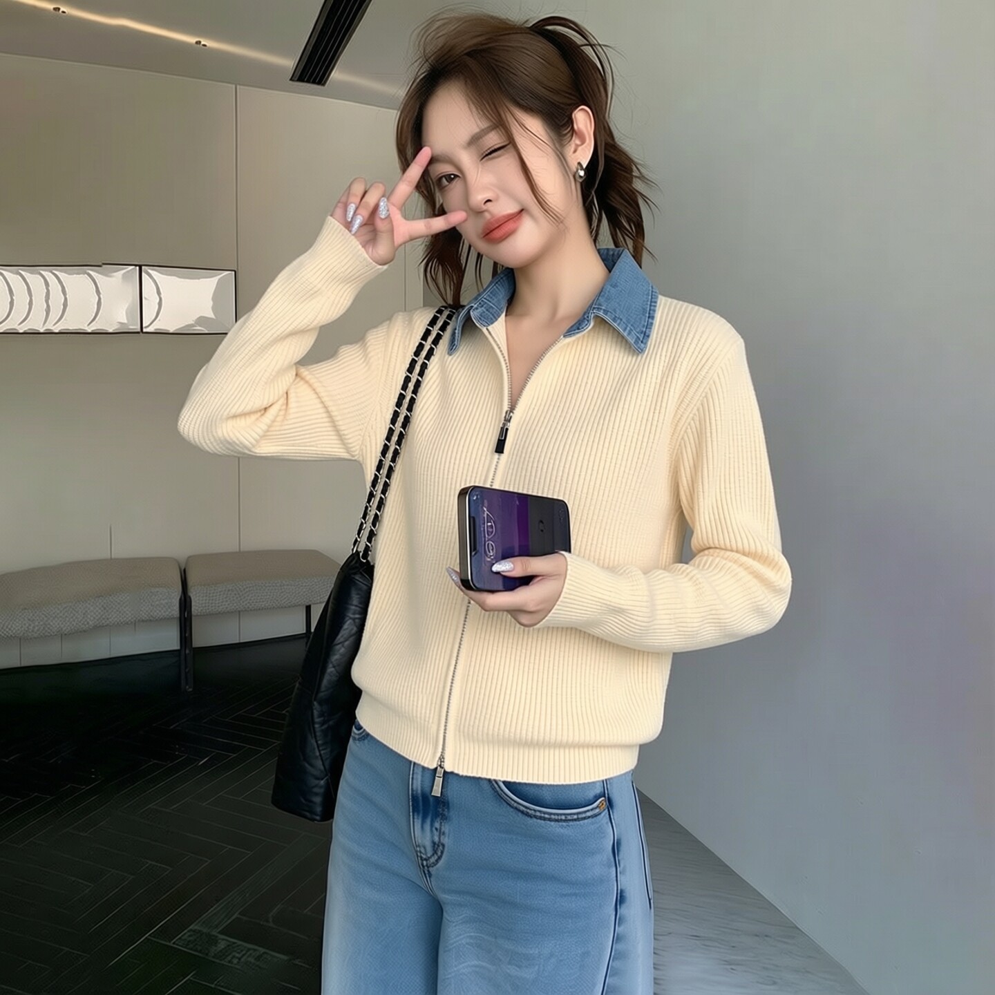 秋冬牛仔翻领针织开衫女宽松版