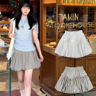 灰色蓬蓬花苞裙女夏2026新款蝴蝶结短裙高腰显瘦甜美风a字半身裙