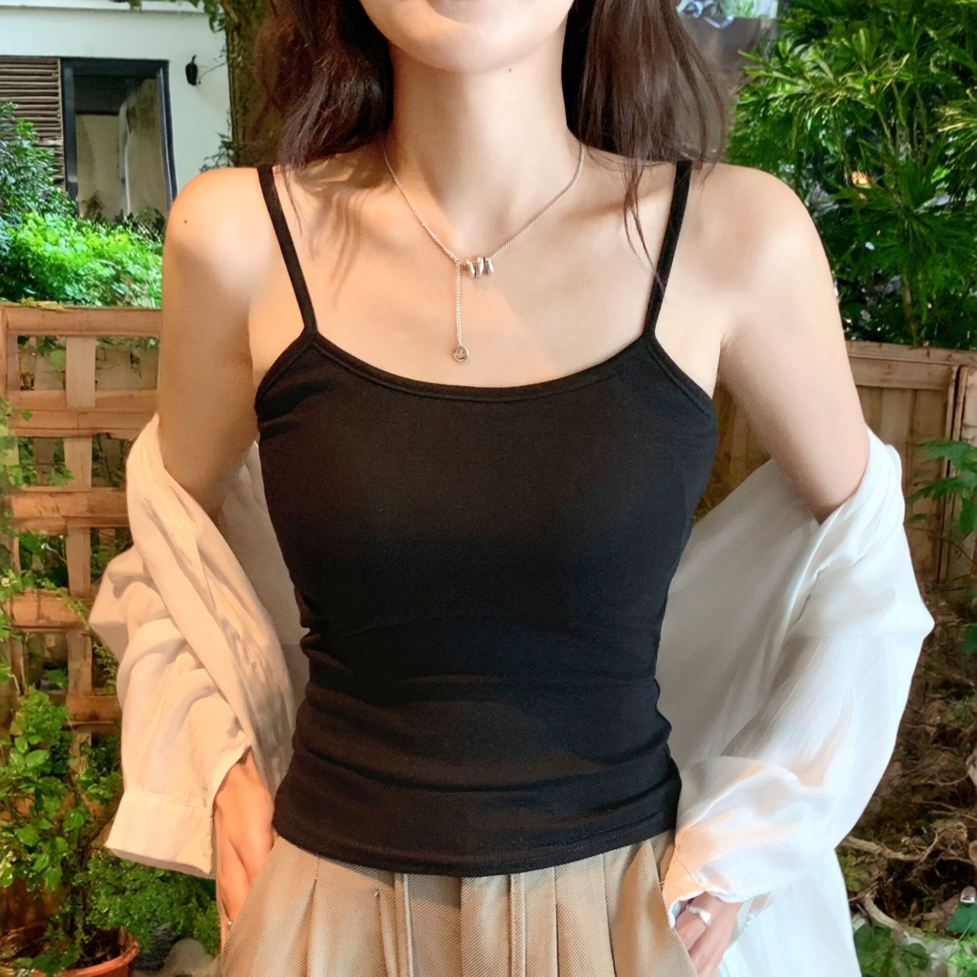 纯棉小吊带背心女内搭打底美背简约文胸一体内衣带胸垫外穿上衣